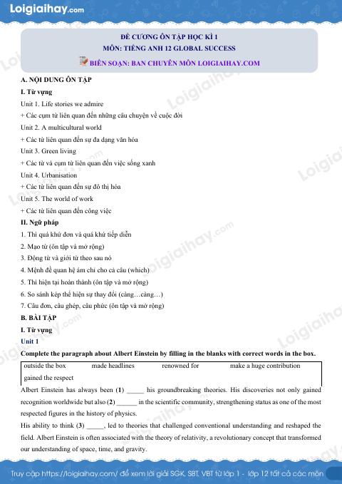 Đề cương ôn tập HK1 tiếng Anh 12 global success có đáp án